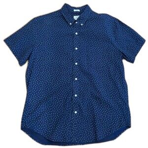 J Crew Men's LARGE Shirt Navy Blue White Print Button Down Short Sleeve Pocket!